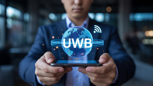 A professional businessman in a dark suit holds a smartphone displaying a glowing digital UWB globe with orbiting rings and a wireless signal icon in 