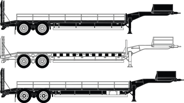 Flatbed, trailer, silhouette, set, for, heavy, cargo, transport, logistics, truck, industry, delivery, freight, carrier, vehicle, loading, deck, equipment, vector, illustration.