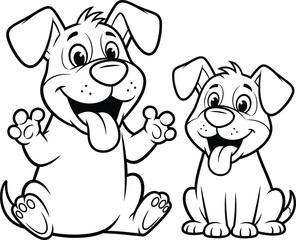 Obraz premium a delightful black and white illustration depicts two cheerful cartoon puppies one waving and the other sitting both with happy expressions