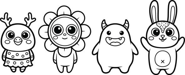 a delightful collection of kawaii characters including a reindeer flower devil and bunny in a simple black and white line art style © GolamKibria