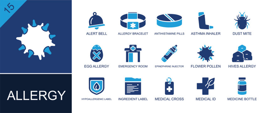 Allergy icon set. Containing inhaler, pollen, dust mite, hives, allergy bracelet, antihistamine pills, epinephrine pen, medical cross, medicine bottle and more. Solid fill vector icons.