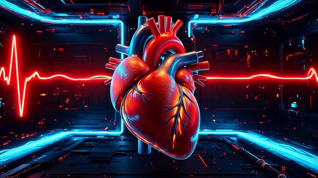 Human heart in futuristic tech setting