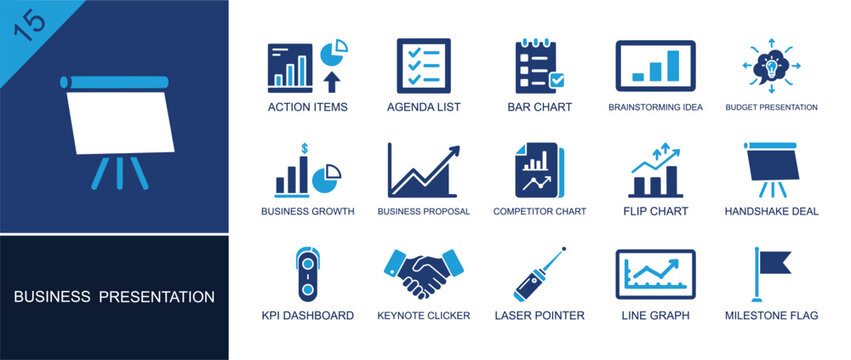 Business presentation icon set. Containing action items, agenda, bar chart, brainstorming idea, budget, flip chart, clicker, line graph, milestone flag and more. Solid fill vector icons.