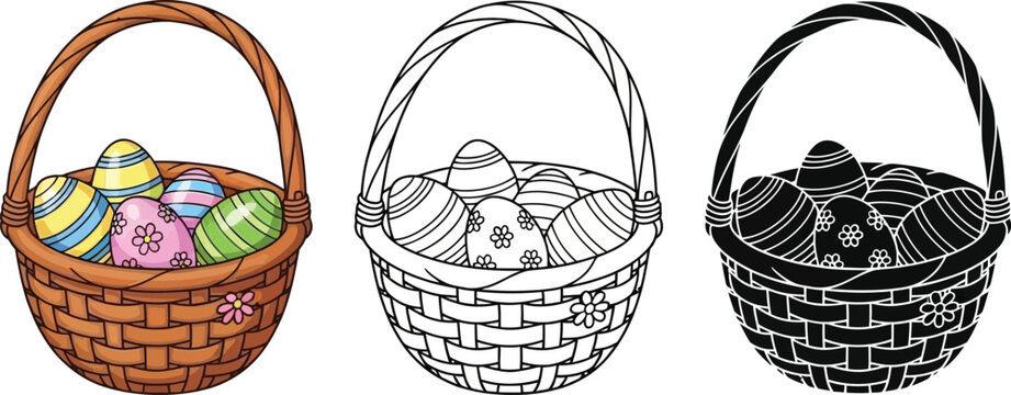 A charming illustration showcases three wicker baskets filled with decorated easter eggs each presented in a distinct style of coloring