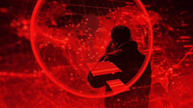 cyber warfare during iran war scenario, abstract hacker silhouette against digital network grid, red alert interface glow, serious news analysis visual, cinematic contrast, Silhouetted figure stands