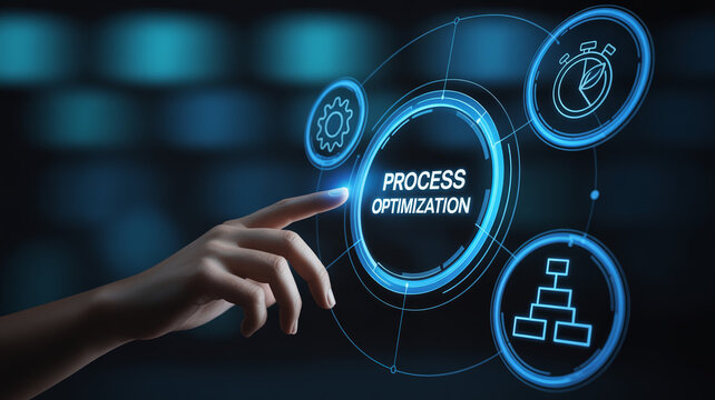 A human hand interacts with a luminous digital screen showcasing process optimization and efficiency icons against a dark futuristic background