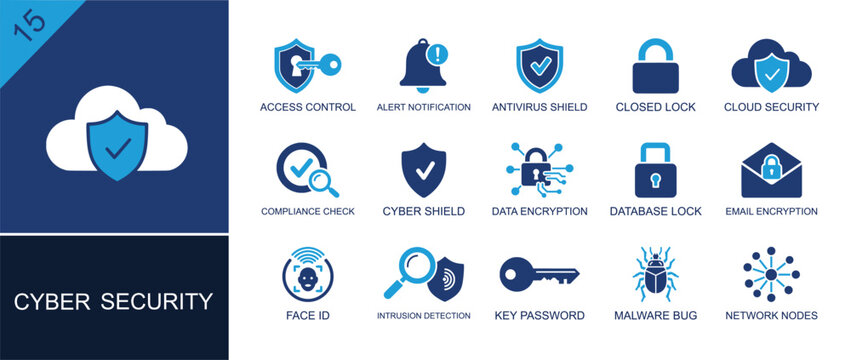 Cybersecurity icon set. Containing access control, closed lock, cloud security, cyber shield, data encryption, face ID, key, malware bug, network nodes and more. Solid fill vector icons.
