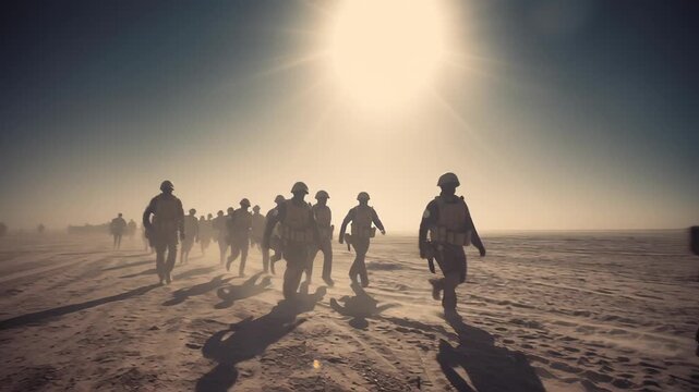 desert battlefield during iran war scenario, military tank formation with troops walking alongside, harsh sunlight, realistic documentary, Sunset bathes desert in golden haze. Tank roars ahead