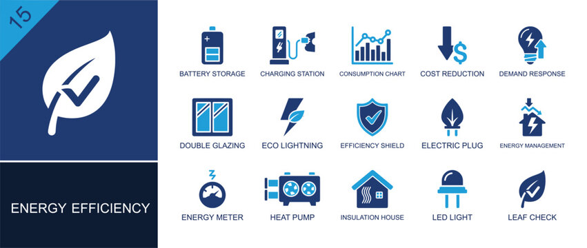 Energy efficiency icon set. Containing battery storage, charger, cost reduction, glazing, electric plug, energy meter, heat pump, insulation, LED light and more. Solid fill vector icons.