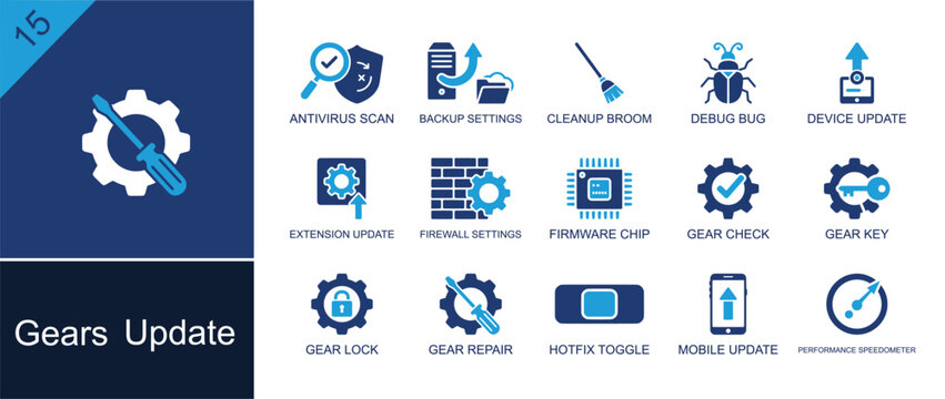 Software update icon set. Containing debug bug, device update, firewall, firmware chip, gear check, gear key, gear repair, hotfix toggle, mobile update and more. Solid fill vector icons.