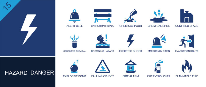 Industrial hazard icon set. Containing alert bell, barrier, chemical spill, electric shock, siren, evacuation route, bomb, fire alarm, extinguisher and more. Solid fill vector icons.