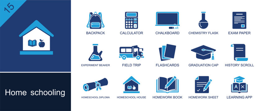 Homeschooling icon set. Containing backpack, calculator, chalkboard, chemistry flask, exam paper, field trip, flashcards, graduation cap, homework sheet and more. Solid fill vector icons.