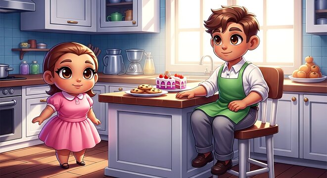 Young girl and boy baking cakes in colorful kitchen interior  