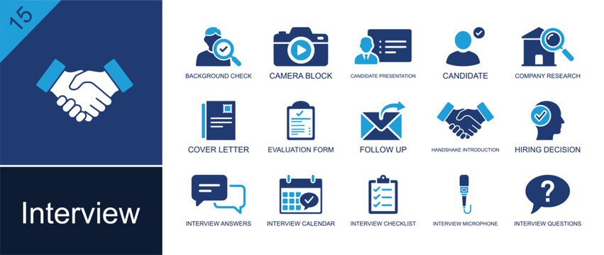 Interview icon set. Containing candidate, cover letter, follow up, hiring decision, interview calendar, checklist, microphone, questions, handshake and more. Solid fill vector icons.