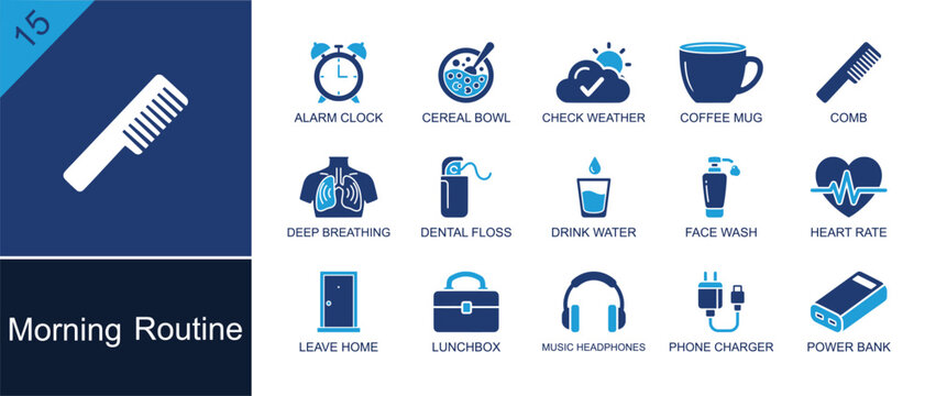 Morning routine icon set. Containing alarm clock, cereal bowl, coffee mug, deep breathing, dental floss, drink water, face wash, lunchbox, phone charger and more. Solid fill vector icons.