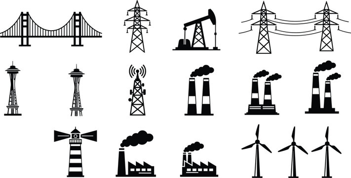  Industrial infrastructure icon set vector illustration, bridge, power lines, factory, wind turbine, and oil pump silhouettes, energy and engineering elements