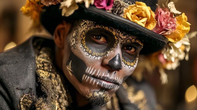 Man in Baron Samedi makeup with suit, hat, and flowers represents Halloween and Day of the Dead.