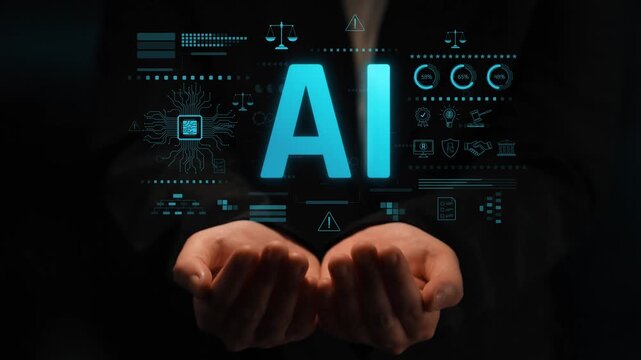 AI circuit microchip with glowing blue lines, surrounded by legal scales, warning symbols, data sheets, and binary codes, representing ethical AI, AI governance, and data integrity Marrow