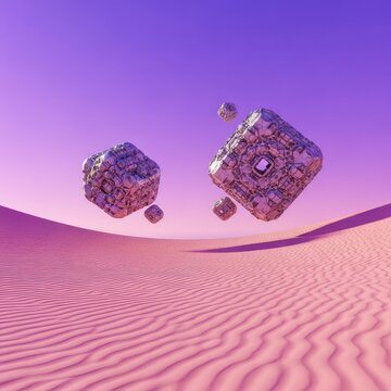 Dreamlike fantasy background showing a curved horizon of pink sand and colossal geometric objects hovering in the vibrant purple air, minimal, design, concept