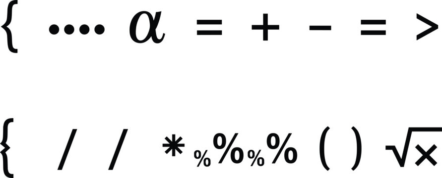 Mathematical Symbols Set, Science and Education Vector Icons, Plus Minus Equals Division Percent Square Root Alpha Signs, Isolated on White.