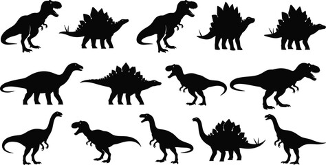 Collection of dinosaur silhouettes including T rex stegosaurus and sauropod species prehistoric animal vector set isolated on white background © bipul stok
