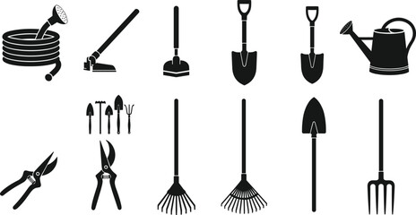 Collection of gardening tool silhouettes including rake shovel watering can hose and pruning shears, landscaping and agriculture equipment icon set © bipul stok