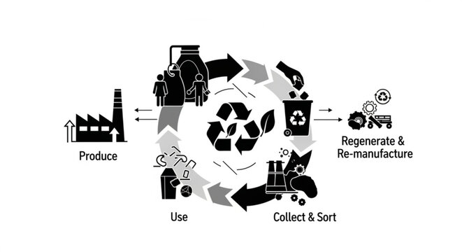 A black and white vector graphic illustrating the recycling process from production to regeneration and re-manufacturing in a circular economy