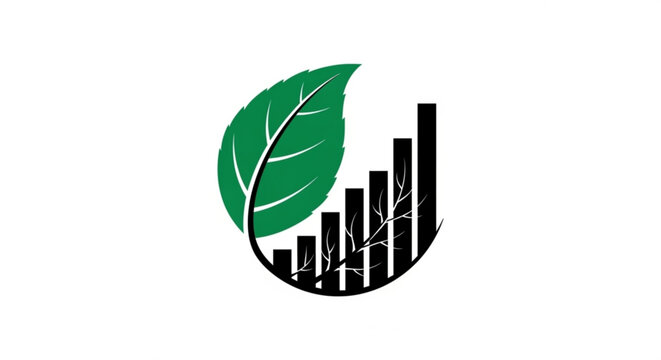 A green leaf and black bar graph combined in a circular vector graphic representing eco-friendly growth and sustainability