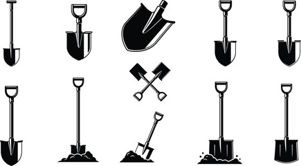 Collection of shovel silhouettes and digging tools, spade variations for gardening, construction and agriculture equipment icon set © bipul stok