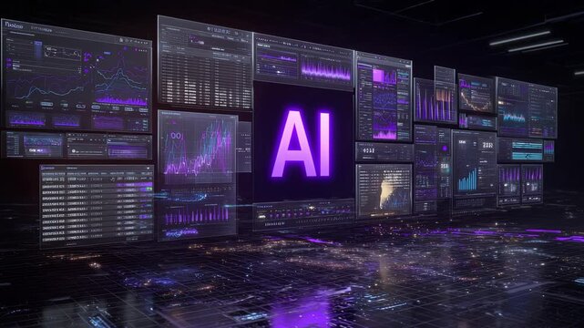 Futuristic Digital Display Featuring Illuminated AI Sign Surrounded by Data Visualizations in Vibrant Purple Hues Against High-Tech Backdrop