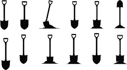 Set of shovel silhouettes showing digging tools, spade variations for gardening, construction and agriculture equipment isolated icon collection © bipul stok