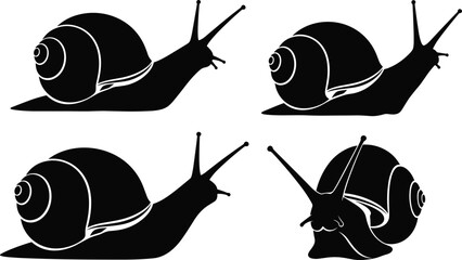 Set of snail silhouettes in crawling poses, garden mollusk vector illustration collection isolated on white background for nature design © bipul stok