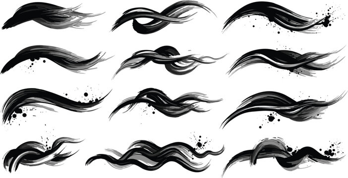 Abstract black ink brush wave strokes set with layered flowing swashes dynamic paint splatter vector design elements