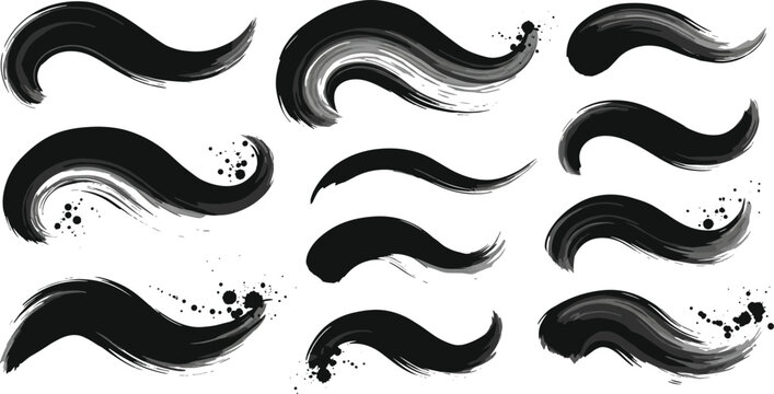 Black ink brush stroke wave collection with abstract flowing paint swashes grunge texture vector design elements