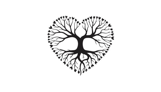 Heart shaped tree silhouette with roots and branches illustration
