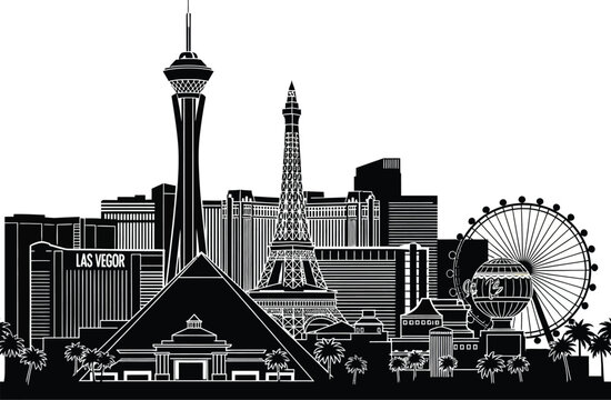 A striking black and white silhouette showcases the iconic las vegas skyline featuring the stratosphere tower eiffel tower and high roller