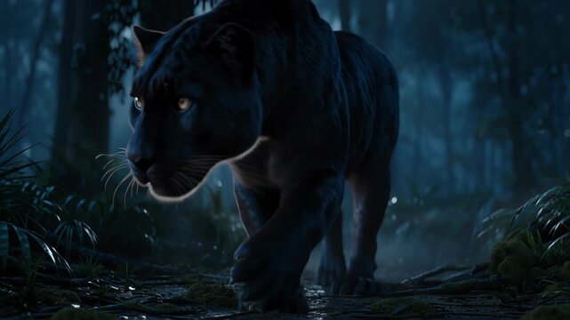 A sleek black panther slowly walking through a dense dark forest at night. The environment is shadowy and mysterious, with faint moonlight filtering through tall trees and mist drifting along 