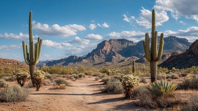 Giant saguaro cacti stand tall in the beautiful Sonoran Desert of Arizona.