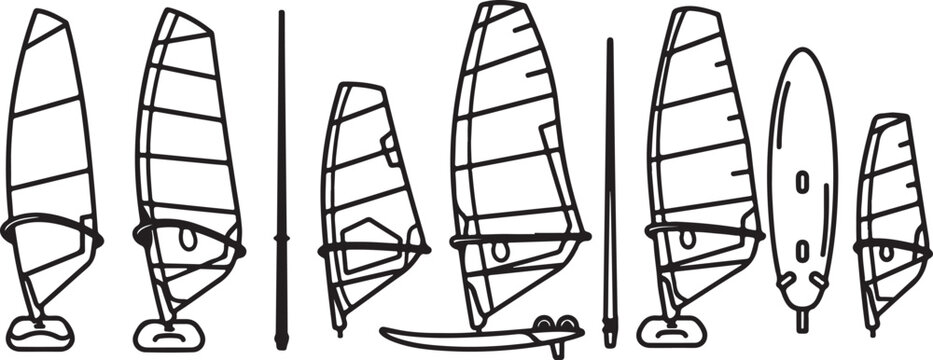 Various types of windsurfing sails and boards illustrated in black and white Vector