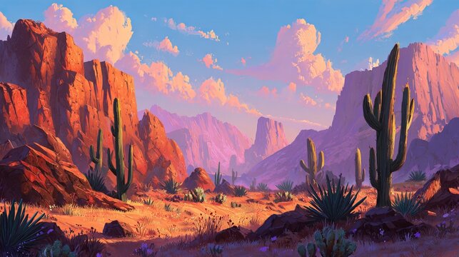 Sunrise paints desert cacti and rocks with orange and pink.  Sandy canyons, like cartoon western backdrops, glow.