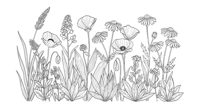 A black and white drawing of a bunch of flowers isolated on transparent background, Vector