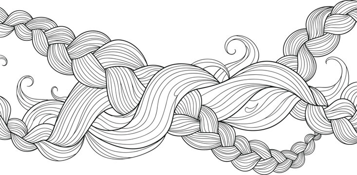 Elegant braided hair composition with flowing strands intricate line art decorative vector illustration
