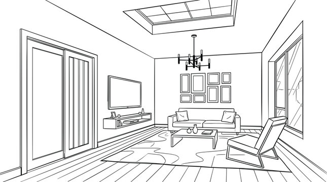 Modern living room interior perspective line drawing vector featuring sofa coffee table television and large skylight window,.eps