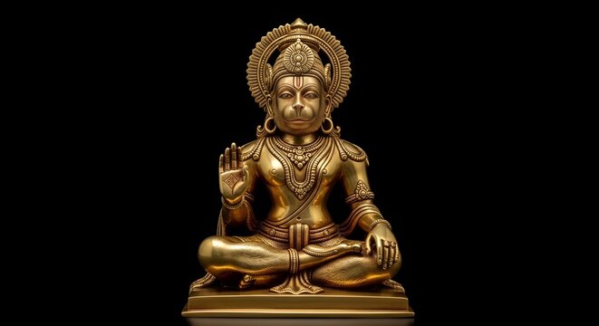 Happy Hanuman Jayanti social Golden Hindu deity statue, intricate details, sitting in lotus position, meditative pose, ornate crown, jewelry, serene expression, black background, copy space for text