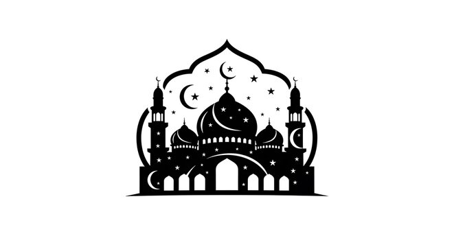Black mosque icon with crescent moon and stars on white background