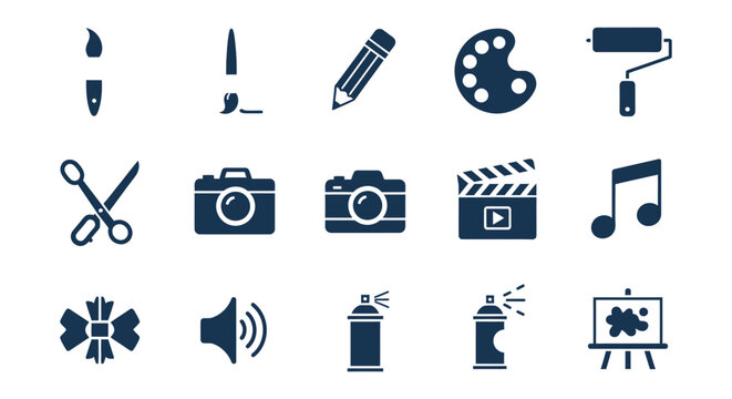 Collection of Creative and Artistic Icons Showing Various Tools and Equipment Used in Design and Media Production