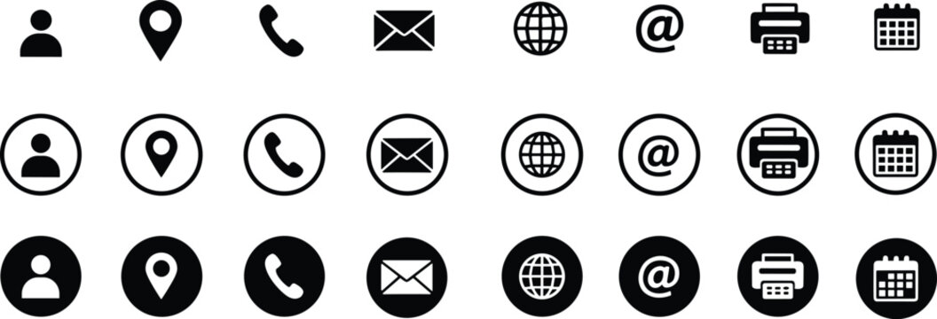 Minimalist black contact icons set featuring phone email location globe calendar and user symbols in flat circle and line styles for business card design