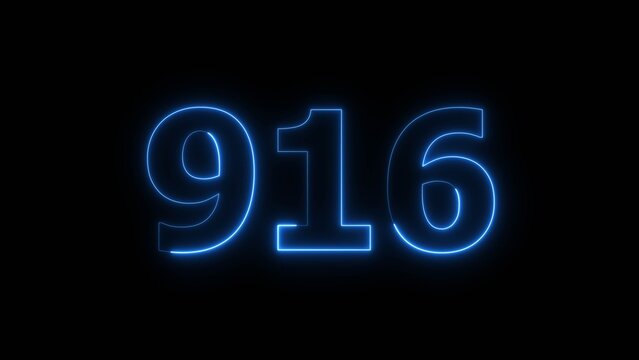 Abstract beautiful blue neon 916 number illustration background 4K. Glowing neon countdown number icon background.