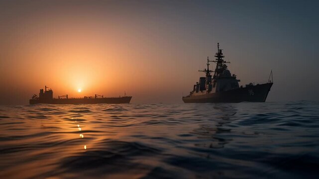 naval warship conducting maritime patrol near tanker ship in Strait of Hormuz, sunrise ocean light, Sunset paints the sea with gold and orange hues. Silhouettes of ship and war vessel stand against 