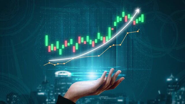 A hand emerges from a futuristic background, symbolizing financial growth through a digital graph with colorful candlestick chart, emphasizing analysis and investment potential. Copula